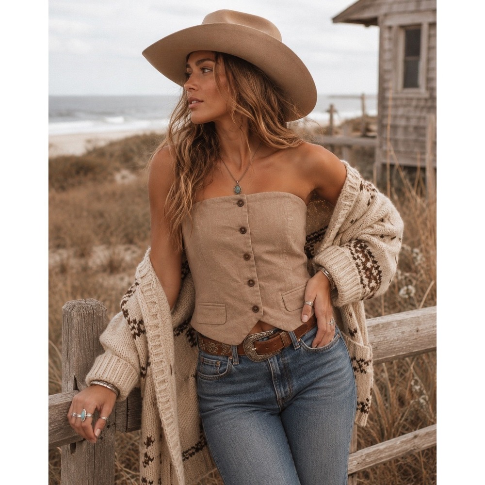 Universal Thread Linen Blend Strapless Button Down Smocked Top Tan Brown Small